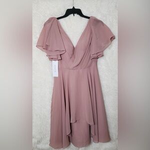 Azazie Ayana Dusty Rose Chiffon Flutter Sleeve Dress Size 8 NWT